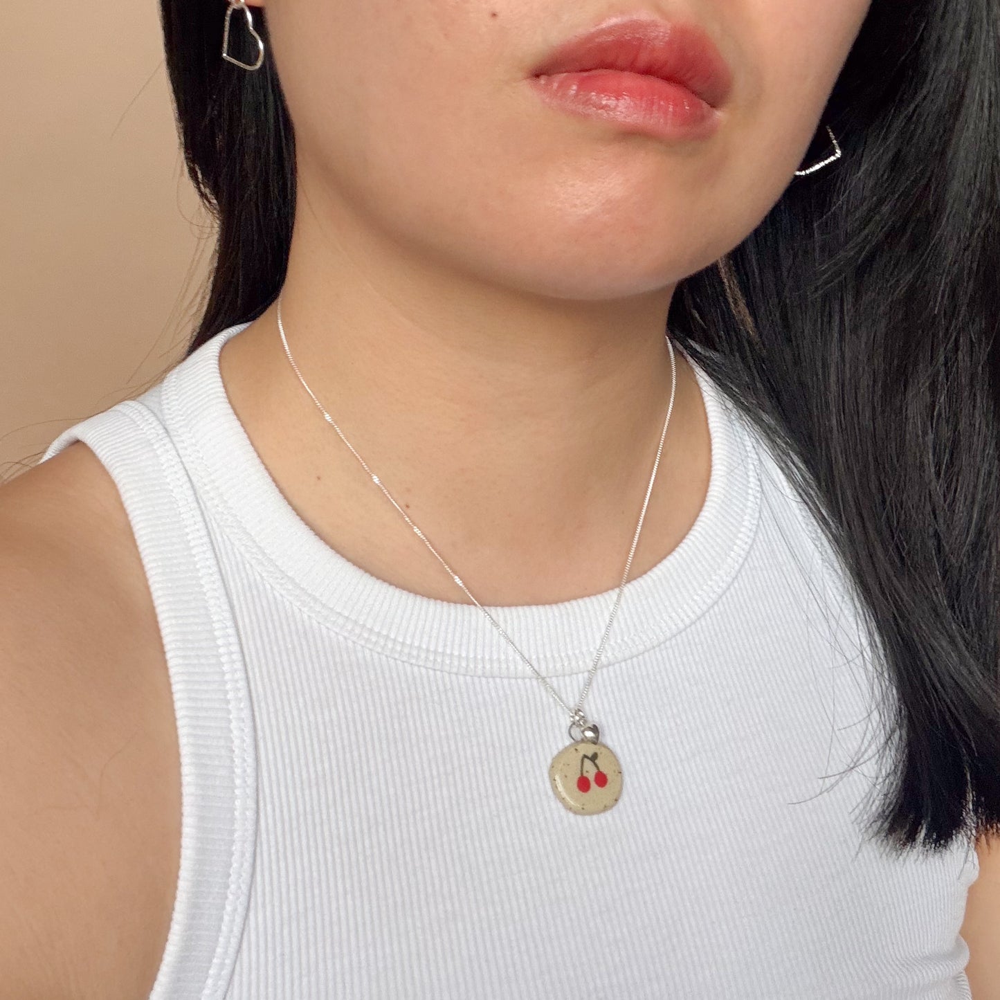 Ceramic Cherry Charm Necklace with Puffy Heart
