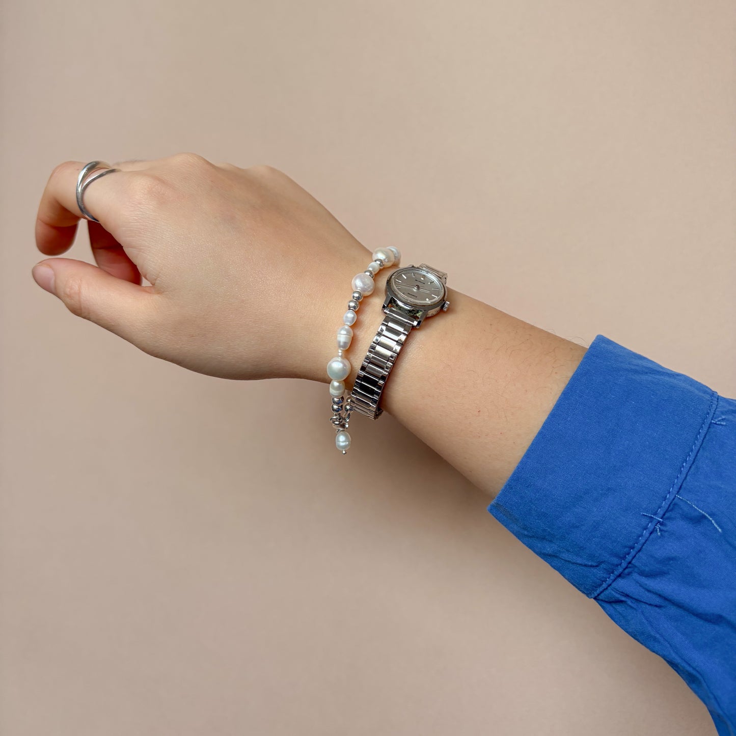 Pearl + Silver Bead Bracelet