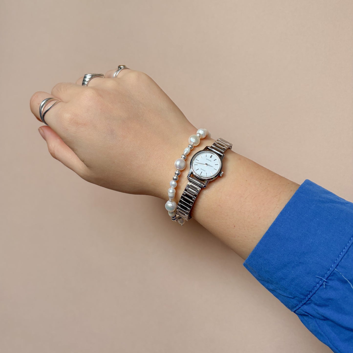 Pearl + Silver Bead Bracelet