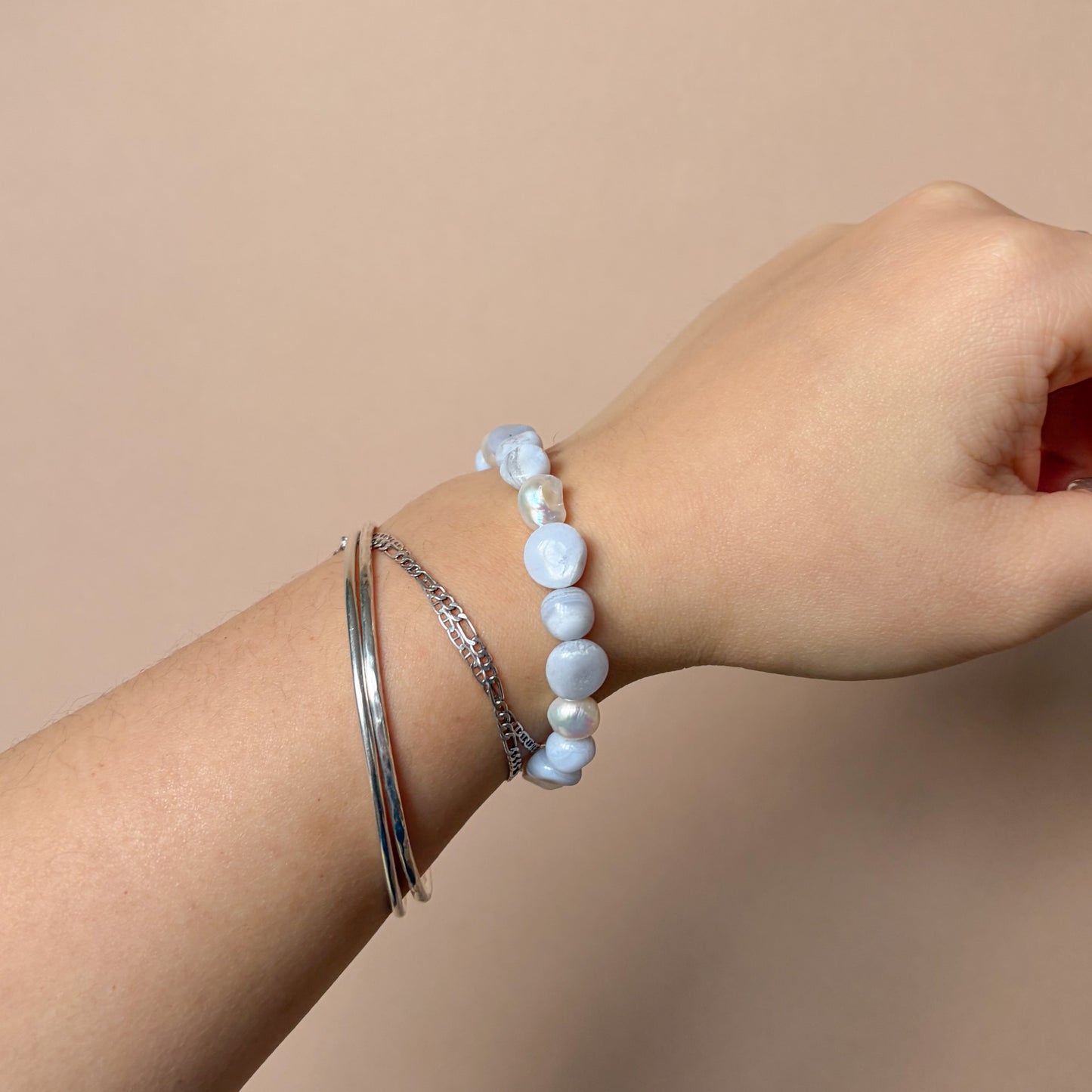 Blue Lace Agate + Pearl Bracelet